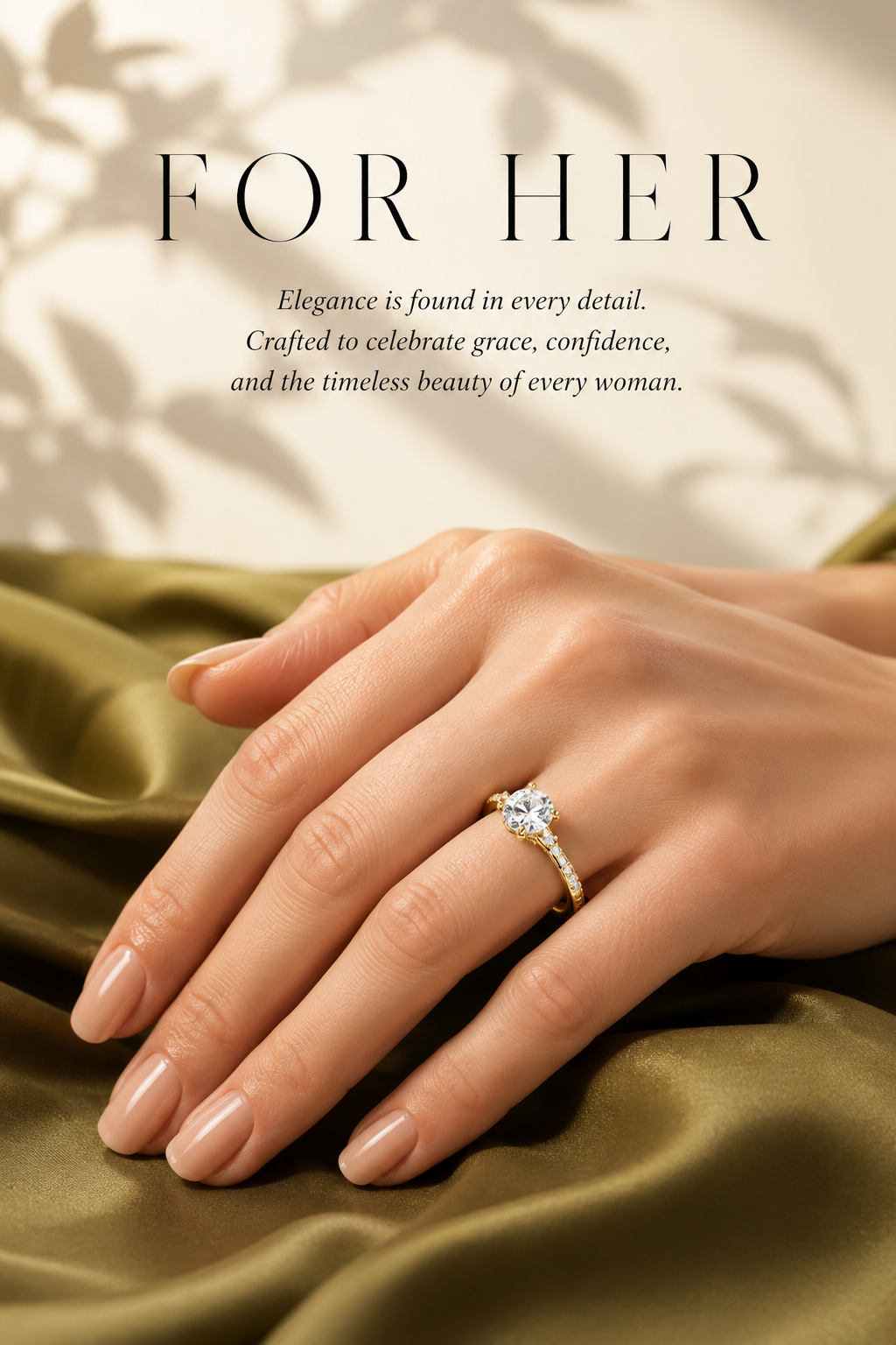Hand wearing a diamond ring on green fabric with text about elegance and women's beauty.